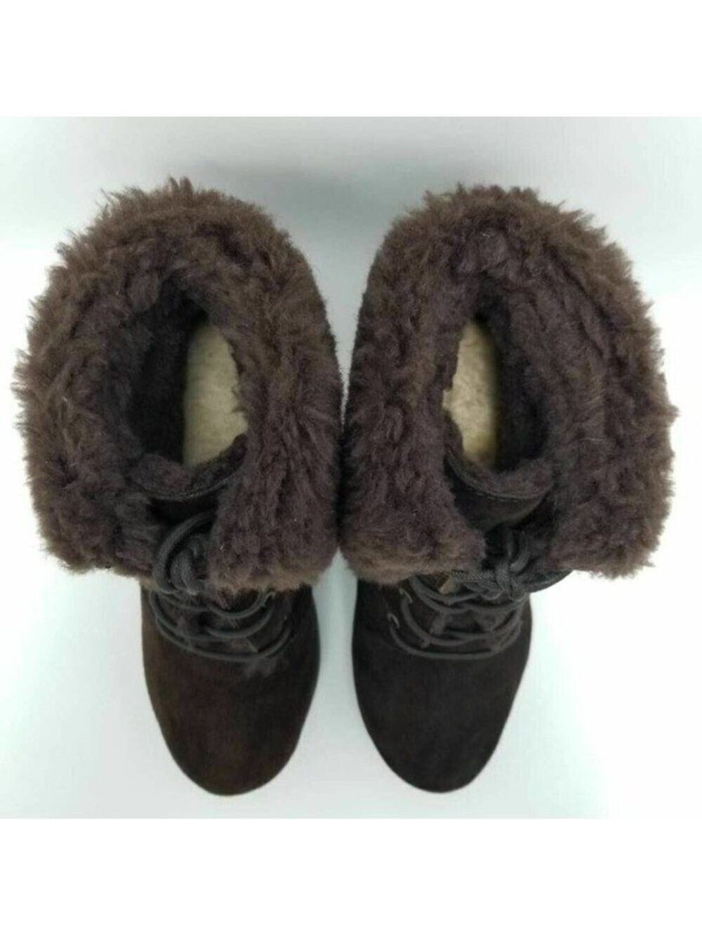 BEARPAW Flatiron Sheepskin Leather Suede Wedge Boots Brown Size 7 - Picture 6 of 11